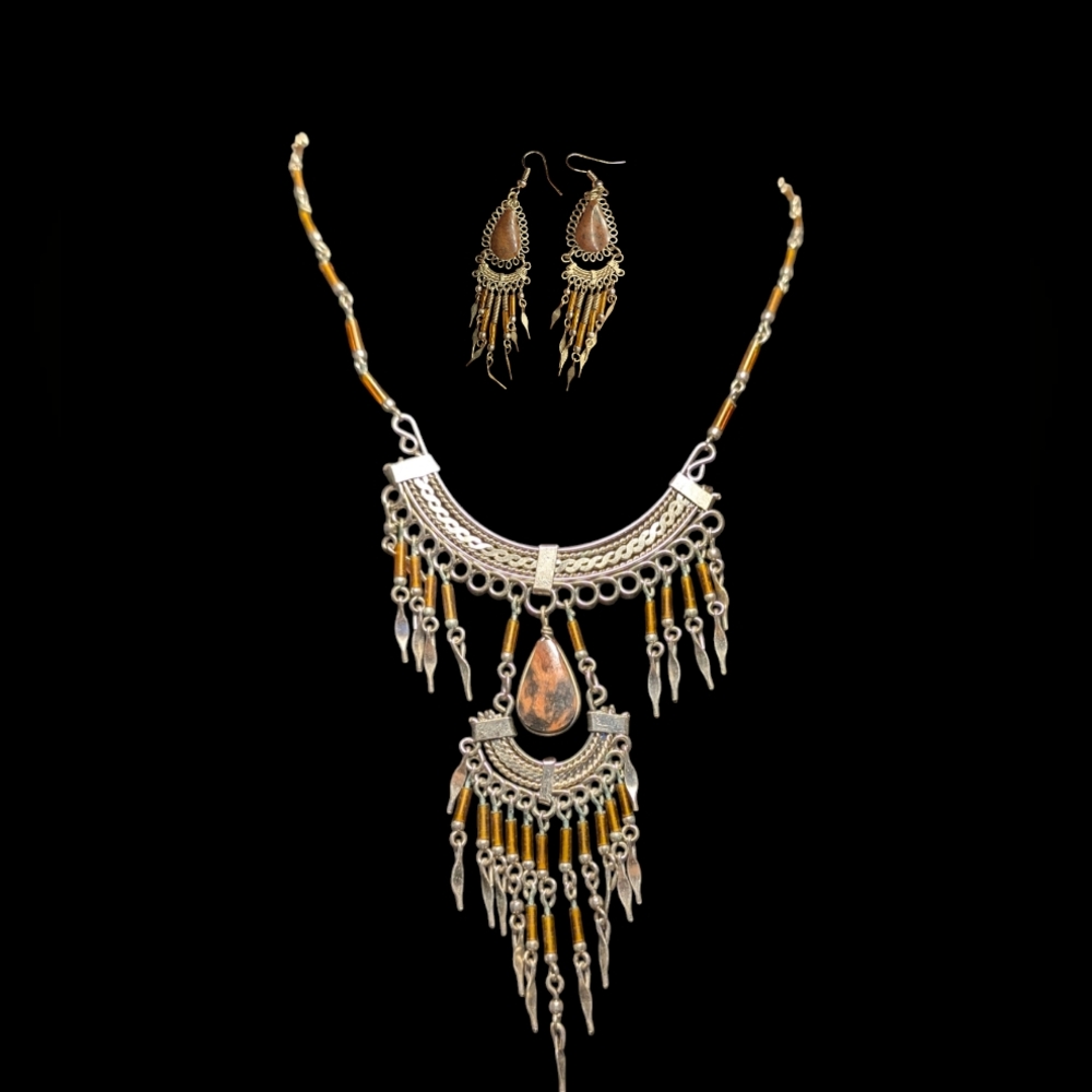 Vintage Southwestern Peruvian Boho Stone Bib Necklace and Earring Set